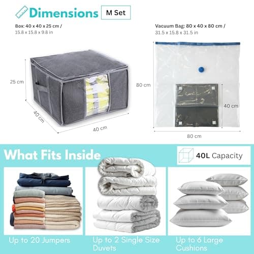 (2 pack) 40L Clothes Storage Bag with Zipper – Medium Foldable Storage Box with Clear Window & Reinforced Sides – Space Saving Organiser for Bedding, Duvets & Clothes – Includes Vacuum Storage Bag — view 4