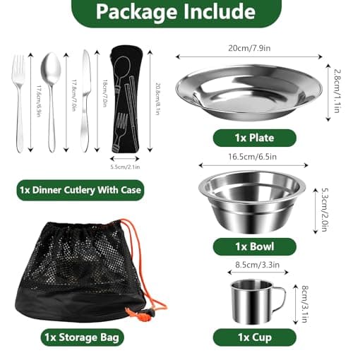 MYHOGOOD Camping Cutlery Set,Stainless Steel Tableware Mess Kit with Plates Cups Forks Spoons Knives,8 in 1 Flatware Dinnerware Utensils Set with Mesh Bag for Outdoor Camping Hiking Picnic(1, Silver) — view 2