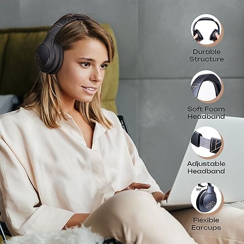 PowerLocus Bluetooth Headphones Over Ear, 50 Hours Playtime, 4 EQ Modes, Foldable Wireless Headphones with Microphone, HiFi Stereo, Lightweight & Wired Mode for Phone/Travel/PC (Black Gold) — view 3