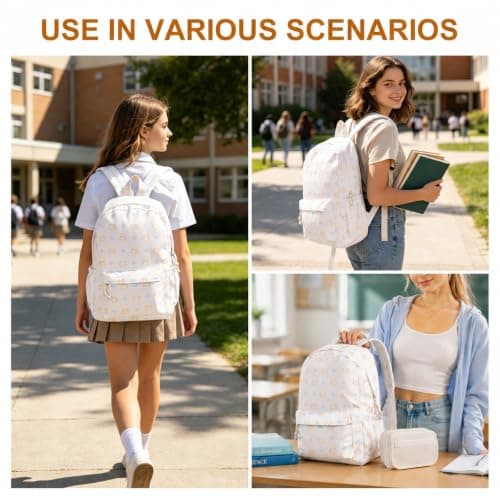 Cat Print Aesthetic Backpacks School & Pencil Case Set Lightweight 14 Inch Laptop Rucksack Preppy School Bag for Teen Girls Boys Middle School College Travel Work (White schoolbag + beige pencil case) — view 4