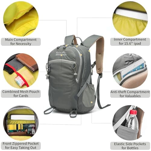 Lightweight Hiking Backpack, 30L Women/Men Waterproof Travel Rucksack Bag with Rain Cover, Outdoor Small Foldable Daypack for Student, Fit for 15.6 inch Laptop (Grey, 30L) — view 5
