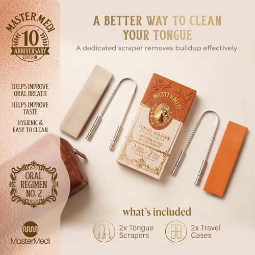 MasterMedi Tongue Scraper with Travel Case (2 Pack), Bad Breath Treatment Tongue Scraper for Adults, Medical Grade 100% Stainless Steel for Oral Care, Easy to Use Tongue Cleaner for Hygiene — view 3