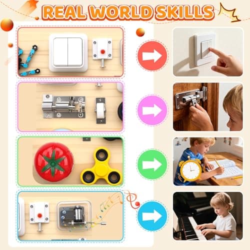 Busy Board Toy for Toddlers, Wooden 11 in 1 Montessori Educational Fidget Sensory Toys for Stress Relief, 27cm Activity Board for Kids Preschool Learning, Car Airplane Travel Birthday Desk Gift — view 5