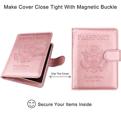 WALNEW Passport Holder for Travel, RFID Wallet for Men Women, PU Leather Case with Pen, Buckle, Rose Gold, Buckle Closure — view 5