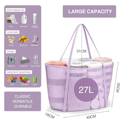 KALIDI FANCY FOREST Foldable Mesh Beach Bag with Zip, 27L Large Mesh Tote Bags for Women Ladies Summer Beach Tote Bag for Holiday Travel,Violet — view 3