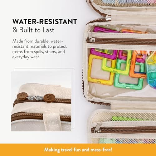 Kids Travel Organizer – Multi-Compartment, Water-Resistant Hanging Bag for Toys, Snacks, & Activities - Compact, Lightweight Design with Hook & Carry Handle - Perfect for Travel Use (Beige, Small) — view 3