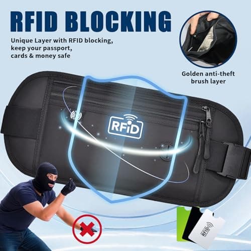Money Belts for Travel Hidden Men Women, Passport Holder Secure Travel Money Pouch RFID Blocking Travel Wallet Anti-Theft Bumbag with 3 RFID Card Protector Sleeve Waterproof Fanny Pack — view 5