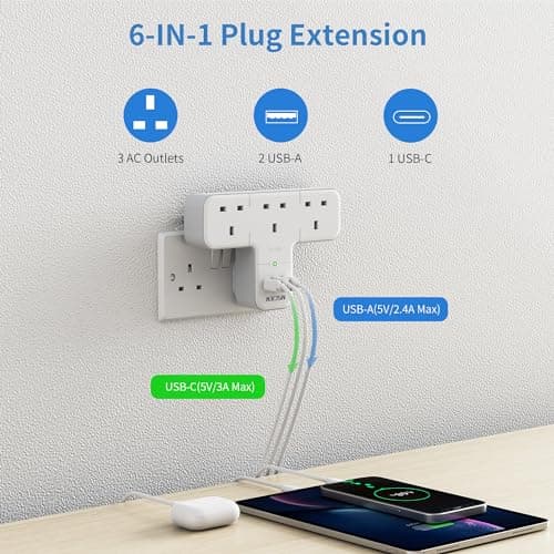 Mscien Multi Plug Adaptor, 6 in 1 Plug Extension Socket 3 Way 3 USB(3.4A,1 Type-C), Wall Socket UK Power Strip with 315 Degree Rotation, Plug Adapter Surge Protected Extender For Home Office — view 4