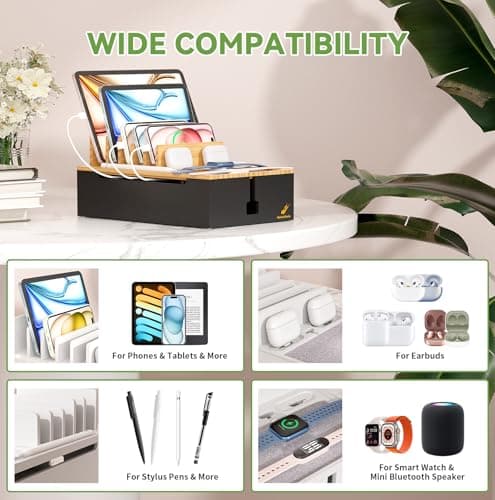 Pezin & Hulin Bamboo Charging Station, Electronic Devices Organizer for Multiple Devices Charger Such As Cell Phone, Tablet, Watch and more, Natural+Black, (No USB Charger and Cables） — view 6