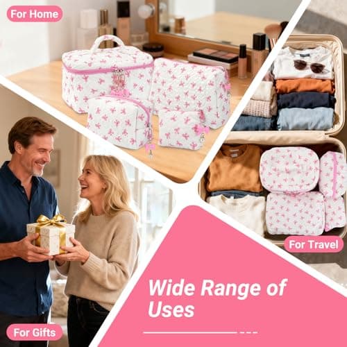 Mulaibdin 4 Pcs Makeup Bag, Coquette Cosmetic Bags for Women & Girls, Cute Skincare Bag for Travel, Portable Bow Make Up Bag Set, Quilted Toiletry Bags Cotton for Birthday Gifts (Pink+White) — view 6