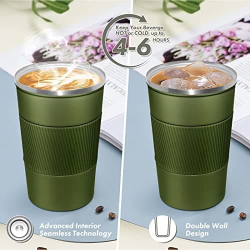 EALLEN Travel Mug with Leakproof Lid,Insulated Reusable Coffee Mug for Hot&Cold Drinks/Tea,Portable Stainless Steel Thermal Takeaway Travel Coffee Cup for Car//Picnic/Office/School (Green), (CM03RD) — view 4
