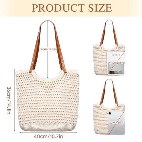 Toptime Crochet Beach Bags for Women, Summer Woven Beach Tote Bag with Zipper, Bohemian Large Crochet Handbags with Leather Handle, Lightweight Mesh Shoulder Bag for Travel Vacation Shopping (Beige) — view 3