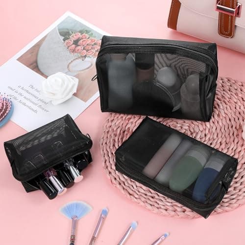 Wanmu 3Pcs Mesh Makeup Bags, Mesh Cosmetic Bag, Portable Toiletry Bag, Travel Organizing Zipper Pouch, Toiletries Makeup Pouches, Black Breathable Mesh for Home Office Travel Accessories — view 5