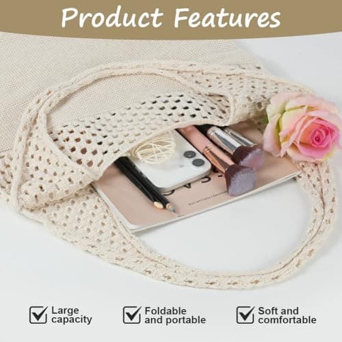 Adiwo Knitted Handbags for Women, Retro Hollow Tote Bag, Mesh Beach Bag, Crochet Beach Bag, Holiday Bags for Women, Bohemian Style for Holiday, Daily Work, Shopping, Travel (Beige) — view 6