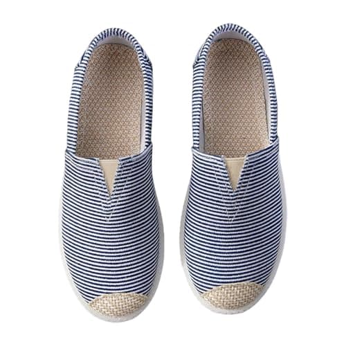 Womens Stripe Canvas Slip-on Trainers Ladies Casual Flat Pumps Lightweight & Breathable Summer Shoes Non-Slip Comfort Wide Fit Walking Sneakers for Outdoor Travel (Blue, 5.5)