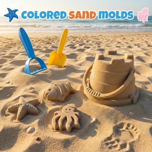 Beach Toy Set for Children, Including 1 Foldable Sand Bucket, Shovel, Rake, 3 Sand Moulds and Mesh Storage Bag, Sand Toys for Toddlers Aged 3+ — view 6