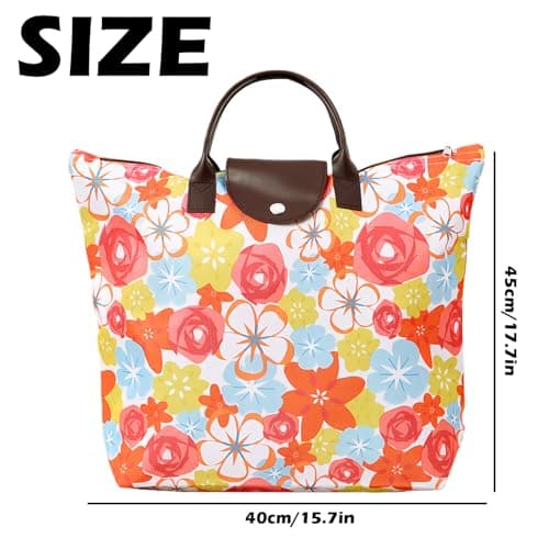 HUANYO Foldable Zipper Tote Bag for Women - Waterproof Reusable Shopping Bag, Portable Travel Beach Gym Bag with Pocket, Compact Foldable Handbag for Shopping, Travel, Holiday, Pool (orange) — view 3
