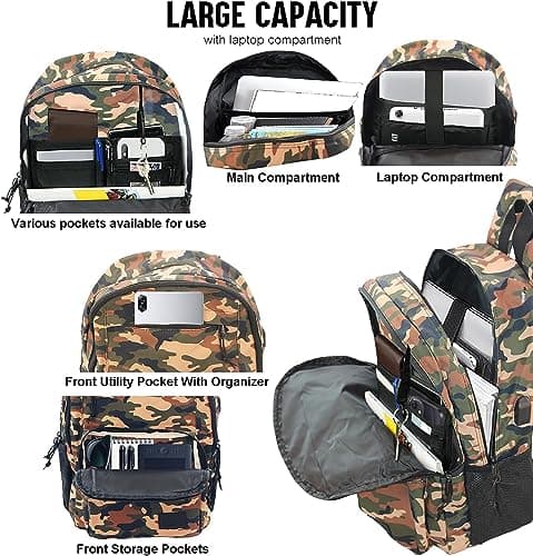 KEOFID classic carry-on travel backpack for men and women, Anti theft laptop backpack with USB charging port (Camouflage) — view 5