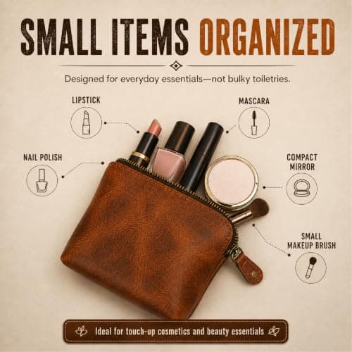 TheAntiq Leather Cosmetic Bag Small Makeup Pouch Zip Leather Toiletry Organiser Mini Travel Dopp Kit Compact Leather Case 5x4x2.5 Inch Tan — view 3