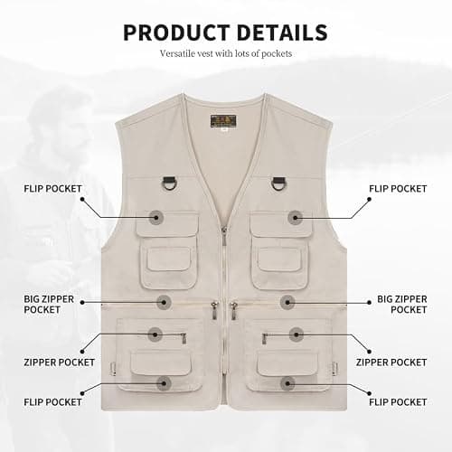 AOTORR Men’s Fishing Vest Casual Outdoor Work Safari Fishing Photo Cargo Vest Summer Jacket With Multi Pockets Light Khaki M — view 6
