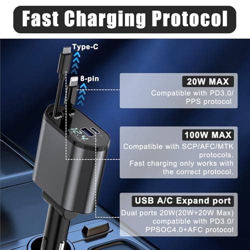 Retractable Car Charger, 4-in-1 Car Phone Charger 120W Fast Charge with 2 Retractable Cables and 2 USB Ports, Multi-Device Car Phone Charger Adapter for Cars, Trucks and Vans, Multifunctional — view 5