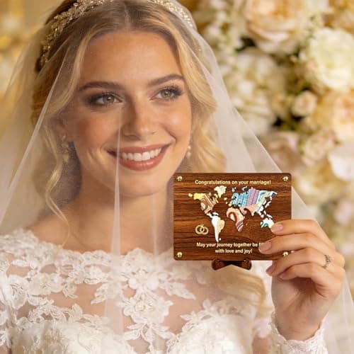 PUQGAOIP Wedding Gifts Creative Wooden Plaque With Holder World Map Design Elegant Marriage Celebration Present And Travel Honeymoon Fund Idea Unique Wedding Money Gift Wallet — view 2