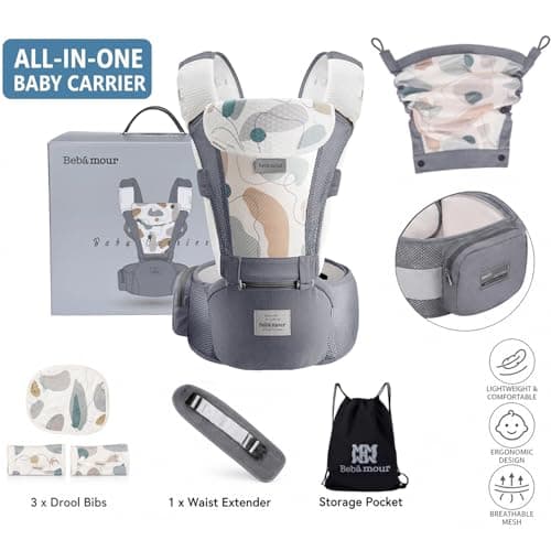 Bebamour Baby Carrier with Hip Seat, Newborn to Toddler 0–36 Months, Ergonomic Infant Carrier with Adjustable Waist Belt, Head Hood, Teething Pads & Waist Extender, Grey — view 2