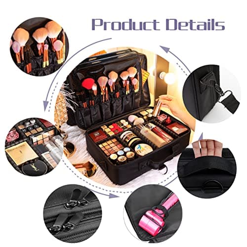 Makeup Organiser Box Vanity Cases: Extra Large Makeup Case Cosmetic Storage Box Professional Travel Makeup Artist Bag with Compartments Women Vanity Beauty Kit Organizer for Makeup Cosmetics Black — view 5