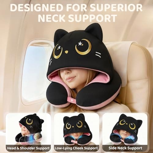 Mewaii Travel Neck Pillow, Airplane Pillow with Cat Hood, Pink — view 2