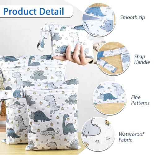 KASESSS 3 Pcs Dinosaur Pattern Nappy Bags, Waterproof Wet Dry Bags, Travel Laundry Bag, Wet Bag for Swimming with Zip, Reusable Organiser Nappy Pouch for Baby Items for Camping Swimming Travel Beach — view 3