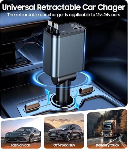 Retractable Car Charger, 69W 4 in 1 Fast Charger USB C Car Truck Accessories, Travel Essentials Gifts for Women Men, Car Accessories for iPhone 17 Pro Max Air 16 15 14 13 Plus,Galaxy,Pixel (Grey) — view 4