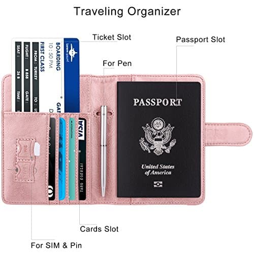 WALNEW Passport Holder for Travel, RFID Wallet for Men Women, PU Leather Case with Pen, Buckle, Rose Gold, Buckle Closure — view 4