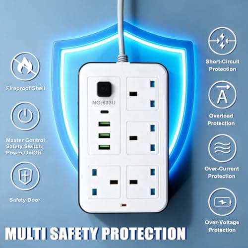 Maqash extension lead with usb slots 2500W -2m long cable - copper clips - 13A 220V - multi usb plug Cord UK - power strip with USB Socket, 8 in 1 mobile charging USB C PD 5V/2.1A — view 2