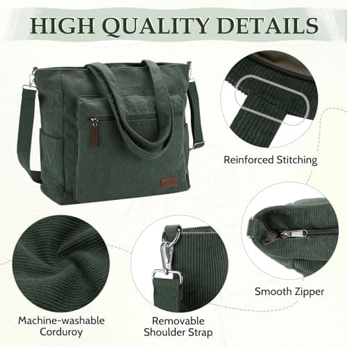 Kasgo Corduroy Tote Bag for Women, XXL 15.6" Laptop Work College Bag, Green — view 4