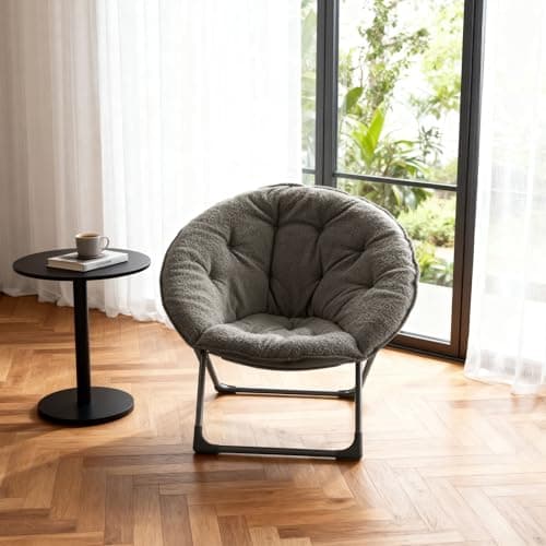 Portable Soft Moon ChairGray Folding Camping Chair Reading Armchair Sheep Wool Cushion Ideal for Bedroom Balcony Relaxation Areas Gardens Patios 80x80x37 cm — view 3