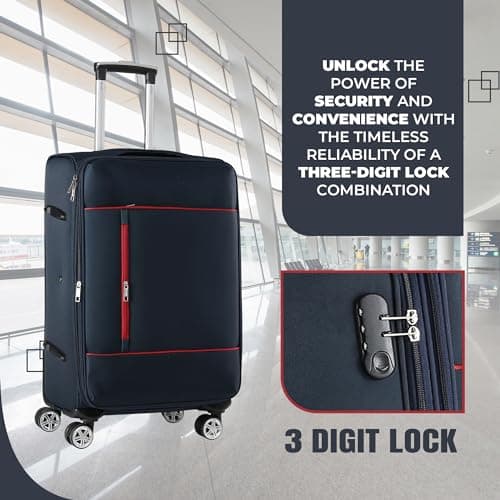 CMY Cabin Suitcase Soft Shell Super Light Weight 4 Spinner Double Wheels Durable Luggage Carry On Expandable 3 Digit Combination Lock 20 Inch (Navy) — view 4