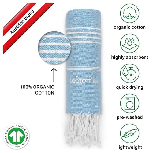 LeStoff Hammam Towel/Camping Towel, 100% Organic Cotton, 95x180, Light Blue — view 3
