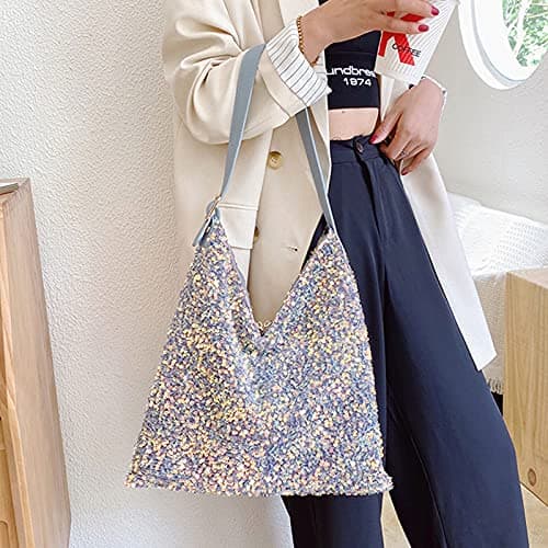 Women Girls Glitter Sequin Shoulder Tote Bag Large Capacity Shiny Shopping Bag Pouch Travel Daily Purse — view 3