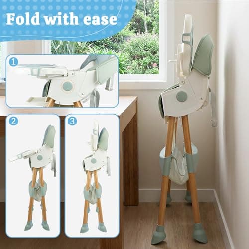 Baby High Chair Foldable Highchair, High Chairs for Babies and Toddlers Adjustable Height & Reclining Seat Detachable Double Tray, Ergonomic Feeding Portable Highchairs for Newborn 6 Months to 5 Years — view 2