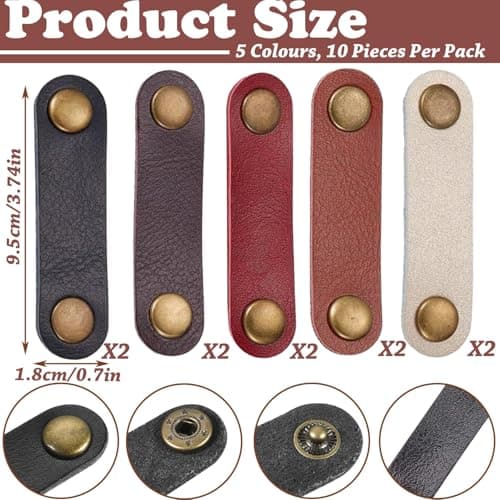 Denipry 10pcs Cord Organizer, PU Leather Cable Straps Small Cable Ties Reusable Cable Tidy for Travel Office Home Phone Charging Headphone Cord Ties Wire Organizer — view 2