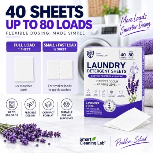 Smart Cleaning Lab® Laundry Detergent Sheets, 40 Sheets Up to 80 Loads, Enzyme Powered Odour Removal at Fibre Level, Effective in Cold Wash, Sensitive Skin Tested, Lavender Fresh. — view 4