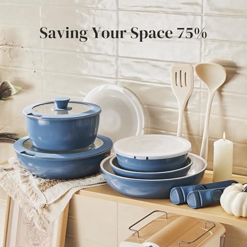 Redchef Ceramic Pots and Pans Set Non Stick, 16 pcs Nonstick Cookware Set with Detachable Handle, Non Toxic, PFAS PFOA & PTFE Free, RV Ceramic Cookware Set for Camping, Oven Safe (Blue) — view 6