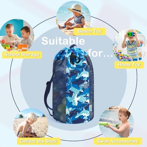 WAWSAM Shark Large Mesh Beach Bag for Kids, Kids Drawstring Beach Backpack for Boys, Tote Mesh Beach Toys Bag, Swim Pool Toys Balls Storage Bags Gym Bag, Beach Toy Shells Organizer — view 4