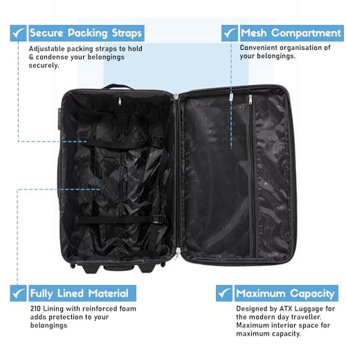 ATX Luggage 55x35x20cm Cabin Suitcase-Lightweight Softshell Carry-ons Approved for Ryanair EasyJet British Airways with 2 Wheels and Built-in Combination Lock (Black/Blue, 48 Liter) — view 5