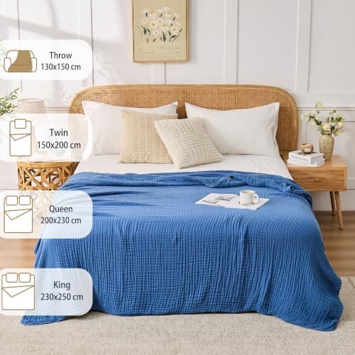 VANJOROY 100% Cotton Throw Blanket, 6-Layer Muslin Organic Soft Cozy Lightweight Large Throw for Bed Bedspread and Sofa - All Season Gauze Blanket,Blue-130x150cm — view 6