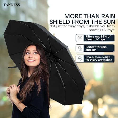 TANNESS Windproof Travel Umbrellas for Women and Men | 12 Rib - Automatic Folding Lightweight Compact Umbrella for Rain and Sun Protection | Ideal as Beach Umbrella and Patio | (Black) — view 4