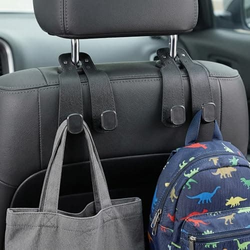 Solvio2 Pack Car Headrest Hooks, 2-in-1 Car Seat Back Storage Hooks with Phone Holder, Universal Leather Car Organiser Hanger for Handbags, Purses, Coats, Grocery Bags & Umbrellas (Black) — view 6