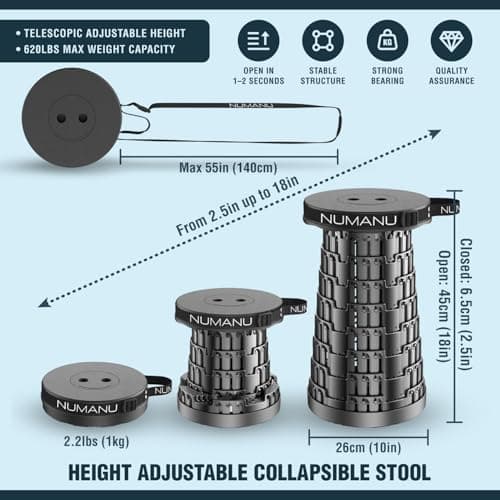 NUMANU - Enhanced Foldable Stool 2025, maximum 272.2 kg, adjustable height retractable telescopic seat, portable foldable stool, travel chair, foldable camping seat or footrest — view 2