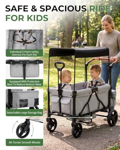 LALAHO Folding Wagon Stroller for 2 Kids with 5-Point Harness, Grey — view 3