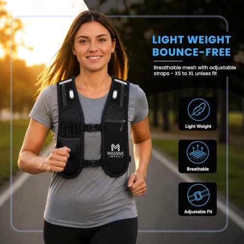 Massive Impact Running Vest with Water Bottles (2×500ml) & 3 LED Lights | Lightweight Reflective Hydration Vest with Phone Holder & 6 Pockets | Adjustable Running Backpack for Men & Women — view 4
